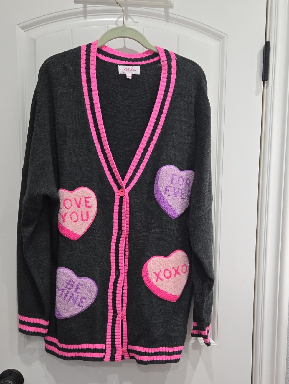 Jess Lea Pink Trim Black Heart Cardigan Sweater